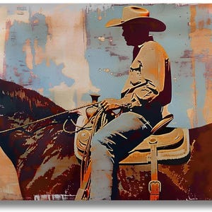 Cowboy on Horseback canvas wall art, Textured Background, Modern Cowboy Canvas Art Print, Rustic Canvas Decor, Western Abstract Art,