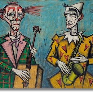 Deux Clowns by Bernard Buffet canvas print, Expressionist Clown Canvas Wall Art, Vintage French Painting Reproduction, Modern Art Home Decor