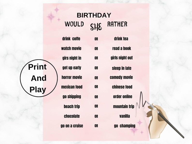 Would She Rather, Birthday Questionnaire Activity, Printable Birthday ...