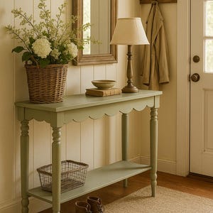 Op de afbeelding: Een saliegroene console met een geschulpte rand, met een lamp, boeken en een kom. Een gevlochten mand met bloemen staat op de tafel. Een spiegel hangt erboven en een paar bruine laarzen rusten op een jute vloerkleed.