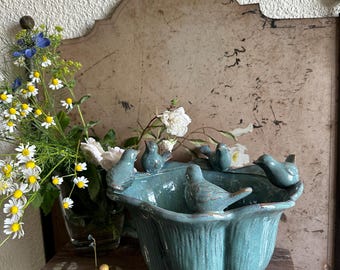 Tigela de cerâmica para pássaros, tigela de água para jardim, bebedouro para pássaros