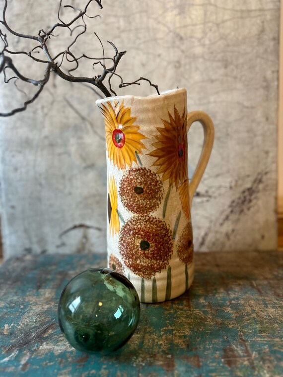 Ceramic jug, decorative vintage Swedish pattern water jug, summer flowers
