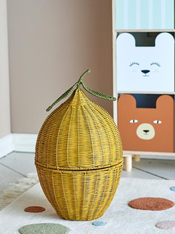 Basket Storage Basket with Lid, Yellow, Rattan Basket