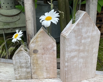 Decorative wooden house, vintage decoration, vase, country style