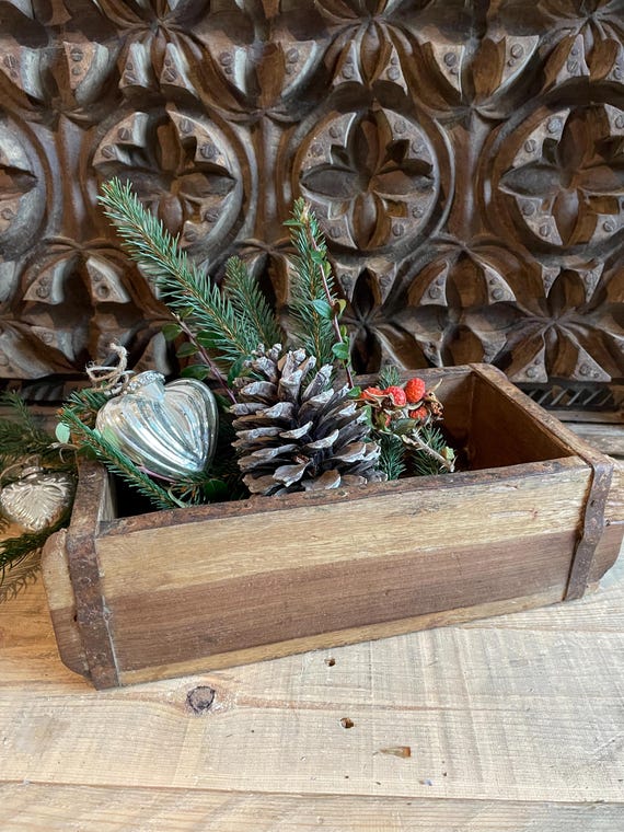 Brick-shaped wooden box antique finish old wood vintage. Storage decoration