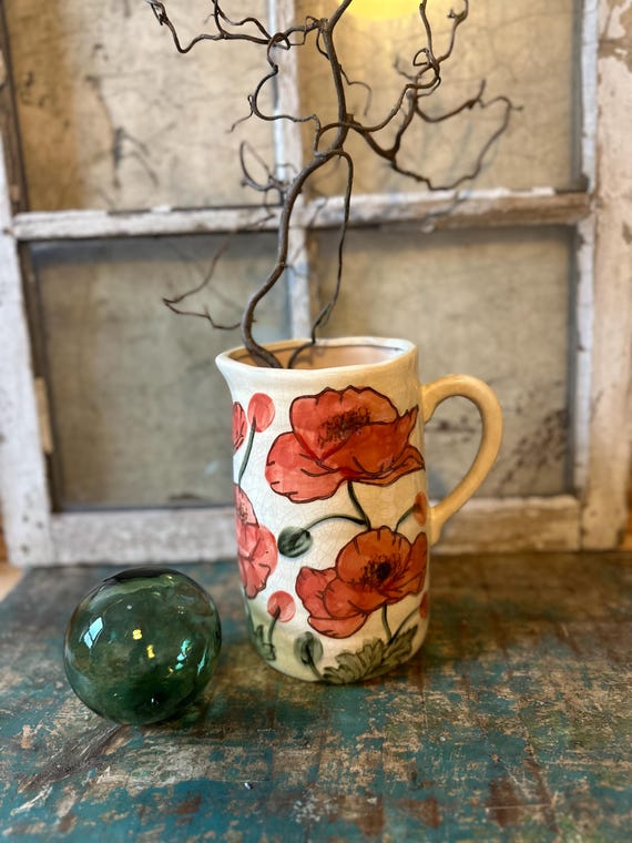 Ceramic jug, decorative vintage Swedish pattern water jug with poppies