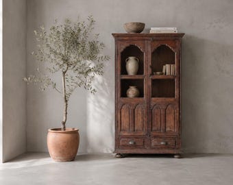Vitrinekast, kast, keukenkast, dressoir, displaykast, meubel, vintage, antieke afwerking, houten kast