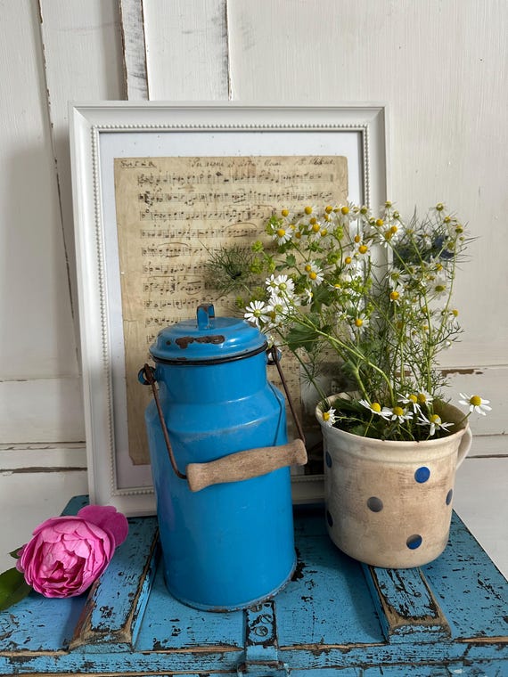 old antique milk jug enamel jug blue vintage shabby