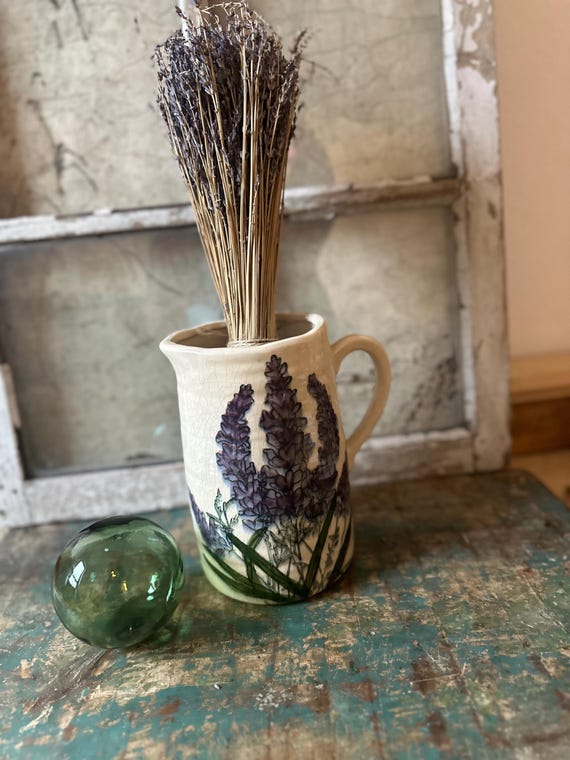 Ceramic jug, decorative vintage Swedish pattern water jug, lavender