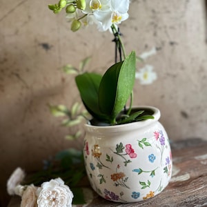 Puede incluir: Una orquídea blanca en una maceta de cerámica con motivos florales. La maceta está decorada con flores coloridas y hojas verdes. Rosas rosas suaves están sobre una superficie de madera. La maceta mide unos 15 cm de diámetro.