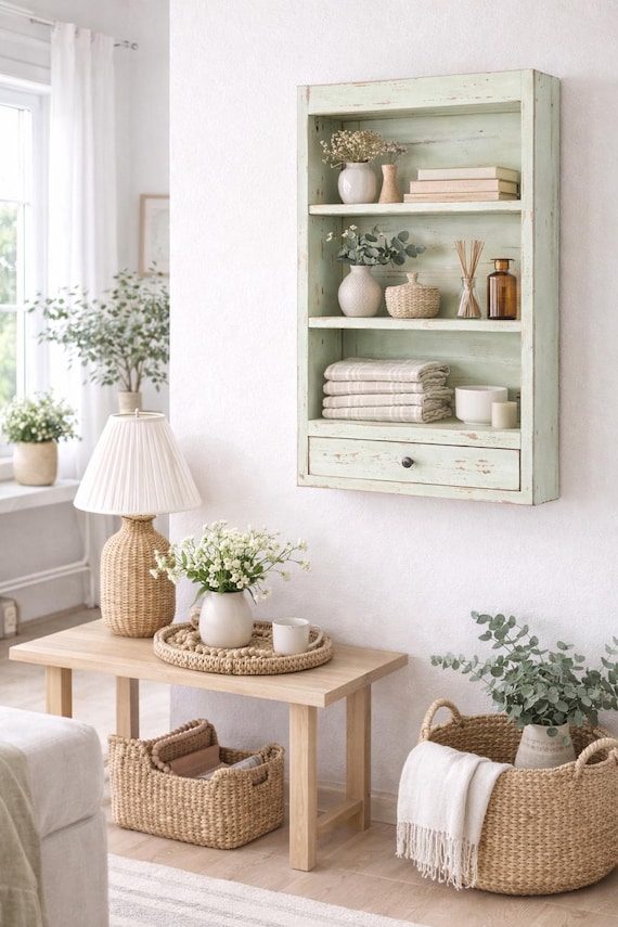 Cabinet, shelf, hanging display case, antique finish furniture, shelving unit