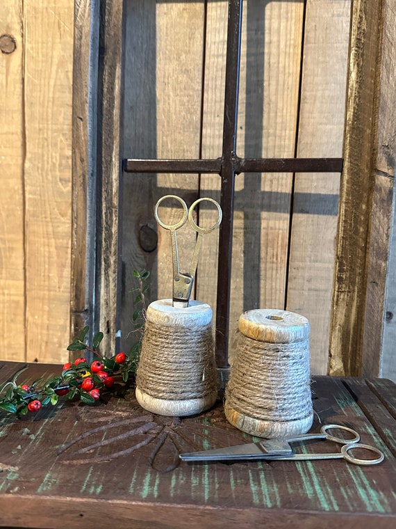 Wooden spool knitting spool with scissors decorative garden vintage