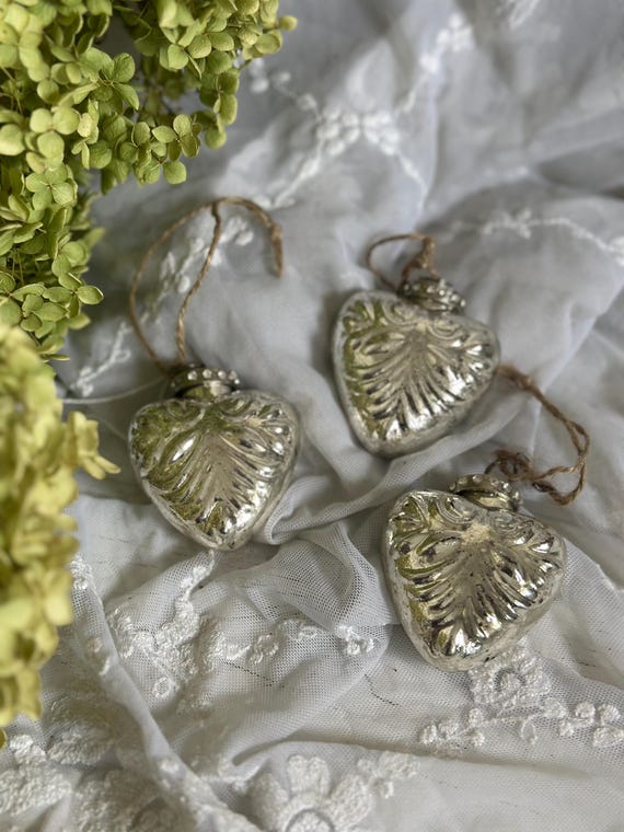 Christmas balls Christmas tree balls hearts silver glass glass vintage glass balls