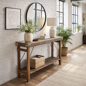 Puede incluir: Una consola de madera rústica con un estante inferior y una cesta de mimbre. Un espejo redondo negro cuelga sobre la mesa, reflejando una lámpara con una pantalla blanca. Una pared de ladrillo blanco y una planta en maceta completan la decoración.