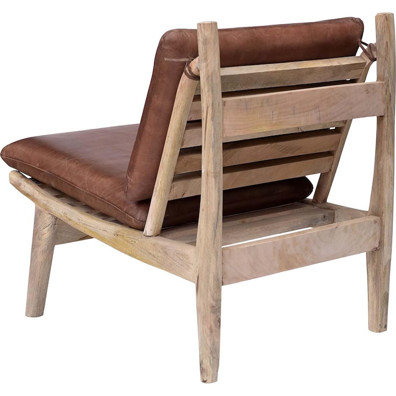 May include: A brown leather armchair with a wooden frame and a slatted back. The chair has a light wood finish and is designed in a mid-century modern style.