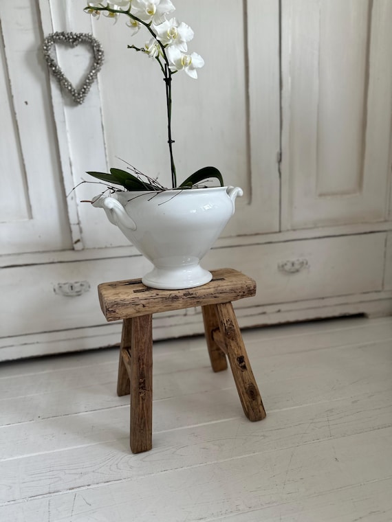 Hitzsche Bank Stool made of elm wood antique finish vintage footstool