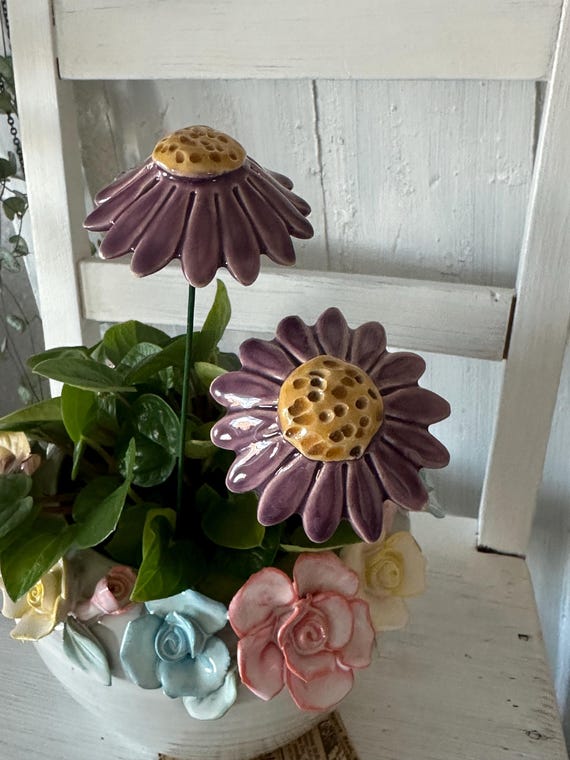 Flowers ceramic flowers vintage handmade art ceramic decoration garden stake garden decoration