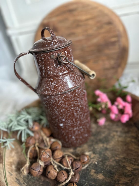 old antique milk jug enamel jug brown vintage shabby