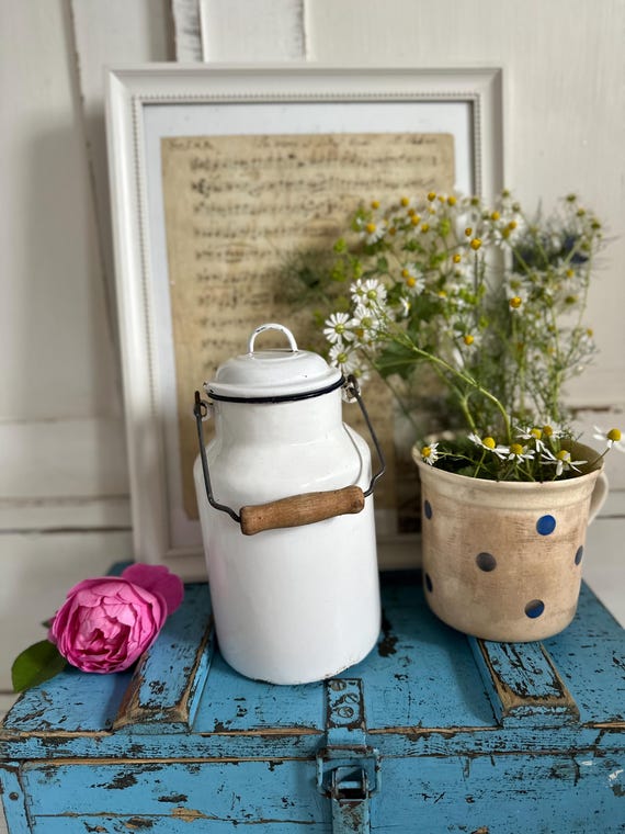 old antique milk jug enamel jug white vintage shabby
