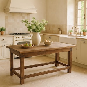 Puede incluir: Una mesa de cocina rectangular de madera marrón oscuro en una cocina luminosa. La mesa tiene un diseño rústico y está rodeada de armarios blancos, un fregadero y una estufa. Una jarra blanca con flores, un cuenco de fruta y una cesta de peras están sobre la mesa.