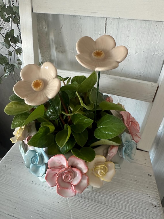 Flowers ceramic flowers vintage handmade art ceramic decoration garden stake garden decoration