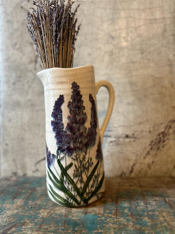 Ceramic jug, decorative vintage Swedish pattern water jug, lavender