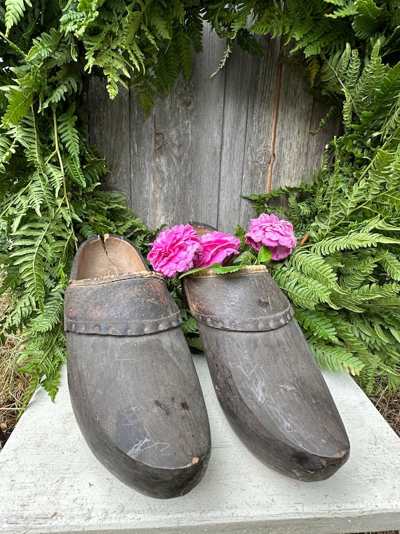 Old antique Swedish wooden shoes wooden clogs vintage decoration