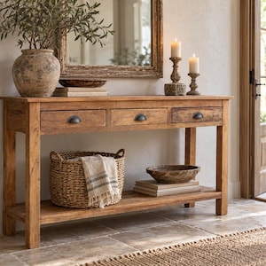 Op de afbeelding: Een rechthoekige houten sidetable met drie lades voorzien van donkere metalen komgrepen. De tafel heeft een onderste plank met een gevlochten mand met een lichtgekleurde doek en een houten schaal die op twee boeken is geplaatst.
