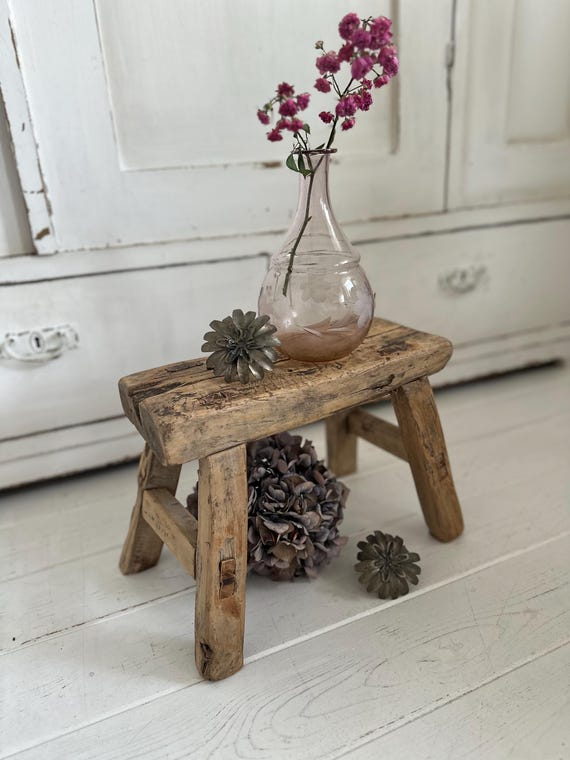 Hitzsche Bank Stool made of elm wood antique finish vintage footstool