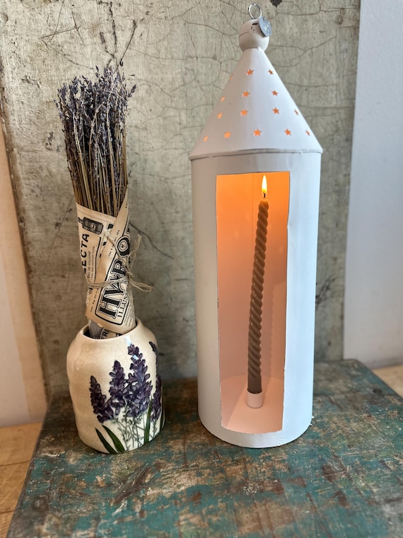 Lantern, candle lantern, zinc lantern, light house, candle house, vintage metal house, white