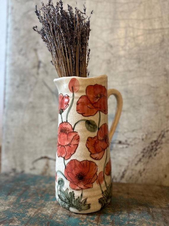 Ceramic jug, decorative vintage Swedish pattern water jug with poppies