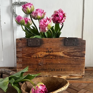 Op de afbeelding: Een verweerde houten kist met metalen scharnieren toont een boeket roze tulpen met groene randen. Een houten kom bevat een enkele tulp. De kist heeft vervaagde tekst, wat een vintage sfeer oproept.