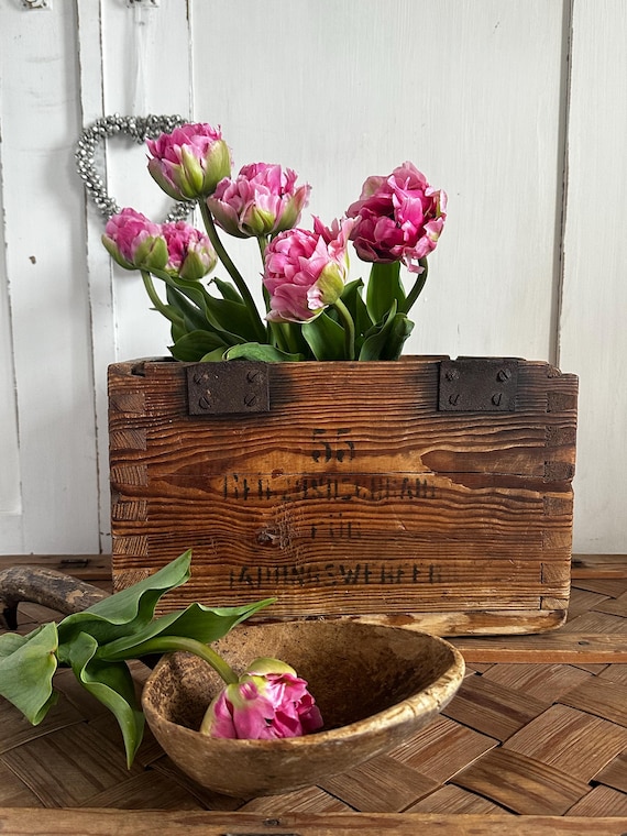 Old antique wooden box, original vintage shabby chic wooden storage box
