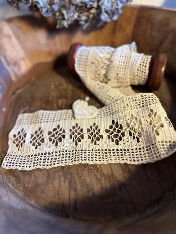 Crochet lace with wooden spool Handmade lace Wooden spool with crochet lace