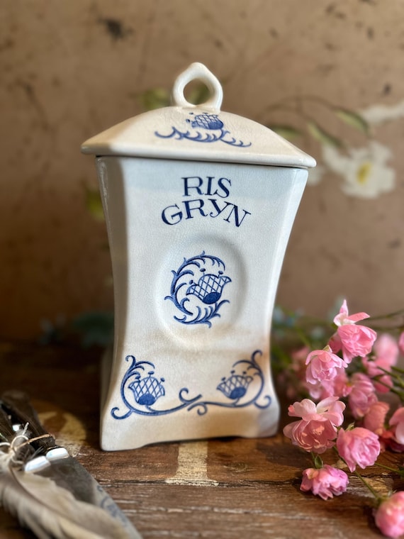 old antique storage tin porcelain tin vintage shabby rice Swedish