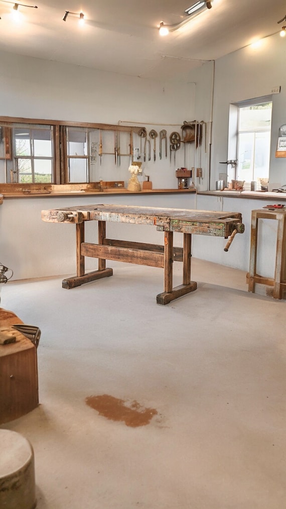 Old antique workbench desk table vintage wooden bench carpenter's bench