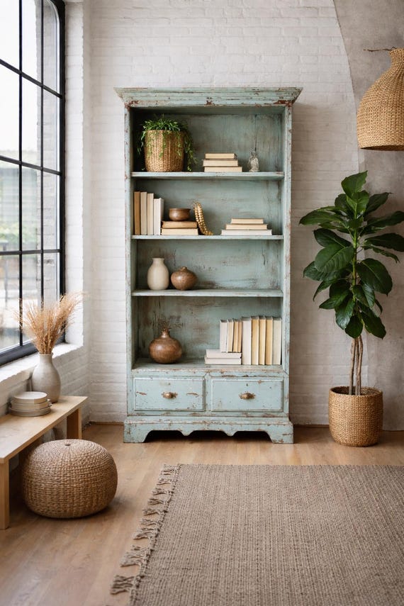 Shelf unit, cabinet, antique finish, wooden shelf, vintage vertiko furniture