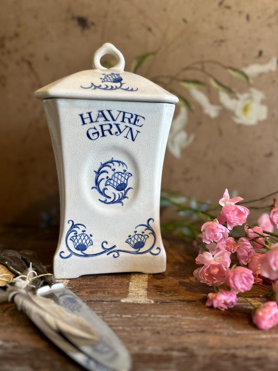 old antique storage tin porcelain tin vintage shabby muesli Swedish