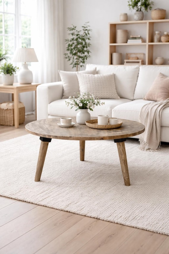 Wooden coffee table, side table, round table, teak wood, antique finish, unique vintage country house style