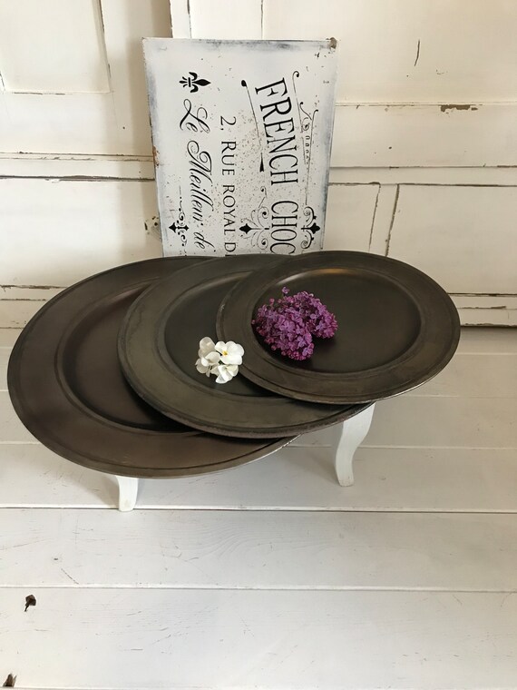 Tray plate metal plate antique finish decorative vintage set of 3