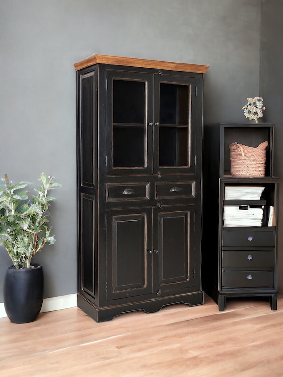 Display cabinet, buffet cabinet, furniture, chest of drawers, cupboard, black antique finish