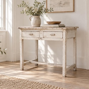 May include: A rectangular wooden console table with a distressed white painted finish, featuring four straight legs, a lower support stretcher, and two drawers with small metal pulls. The table surface holds a ceramic pitcher and a wooden bowl.