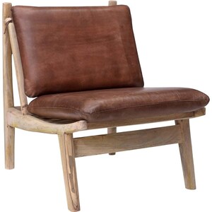 May include: A brown leather armchair with a wooden frame. The chair has a curved back and a wide seat. The wood is a light natural colour.