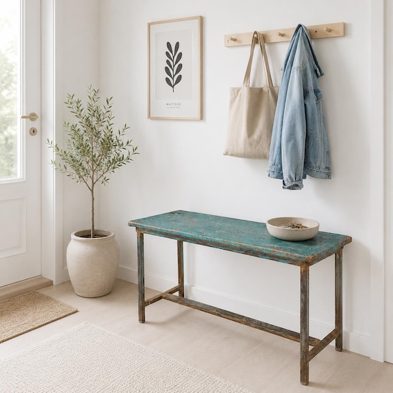 Bench, seat, water bench, reclaimed wood with iron frame, side table, antique finish