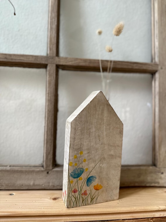 Decorative wooden house, vintage decorative vase, country style, hand-painted wooden house with test tube