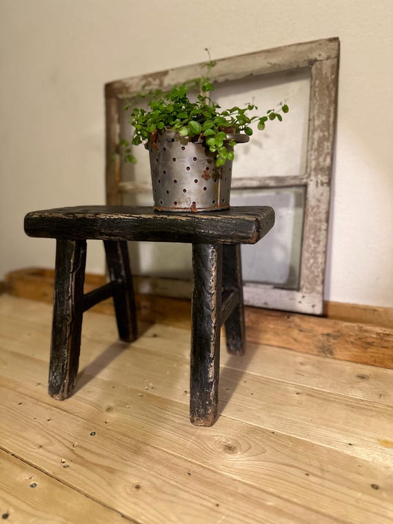 Hitzsche Bank Stool made of elm wood antique finish vintage footstool black
