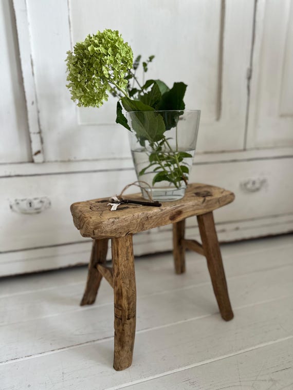 Hitzsche Bank Stool made of elm wood antique finish vintage footstool