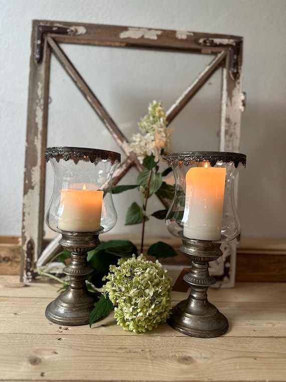 Candlestick lantern candle holder farmer's silver vintage glass