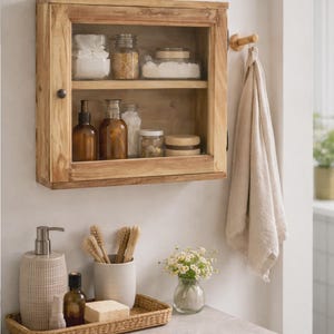Könnte beinhalten: Ein Badezimmerschrank aus Holz mit Glastür ist an einer weißen Wand befestigt. Im Inneren sind verschiedene Gläser und Flaschen zu sehen. Ein geflochtenes Tablett enthält Seife, eine Flasche, einen Seifenspender und eine Blumenvase. Ein Handtuch hängt an einem Holzhaken.