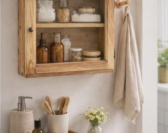 May include: A wooden medicine cabinet with a glass door is mounted on a white wall. Inside, various glass jars and bottles are visible. A woven tray holds a soap, a bottle, a soap dispenser, and a vase of flowers. A towel hangs from a wooden hook.